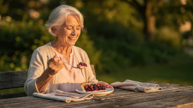 Elderly Woman Enjoying Fresh Berry Tart at Wooden Picnic Table in Sunlit Park, Warm Golden Hour Light, Lush Greenery in Background, Soft Pastel Colors, Capturing Joyful Solitude and Contentment