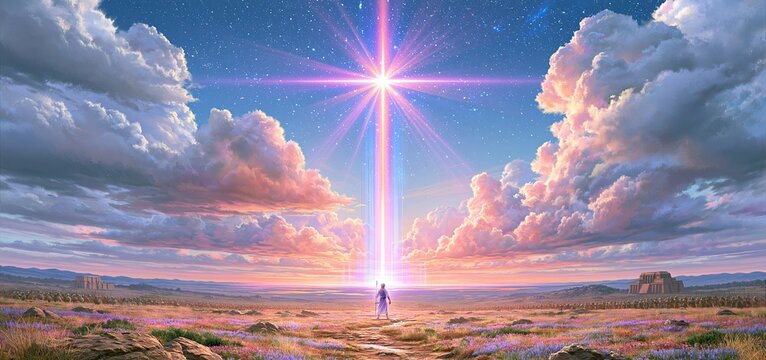 Divine cosmic deity revealing itself to a warrior on an ancient battlefield with vibrant spiritual light.