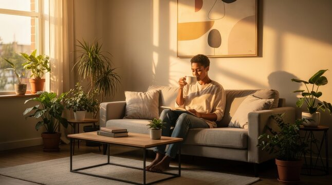 Serene Young Woman Relaxing with a Book in Sunlit Living Room, Warm Afternoon Light Streaming Through Windows, Surrounded by Lush Green Houseplants, Earthy Tones and Minimalist Decor, Capturing