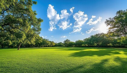 Obraz premium serene sunlit park with expansive green lawn, scattered mature trees, blue sky and fluffy clouds casting long tranquil shadows