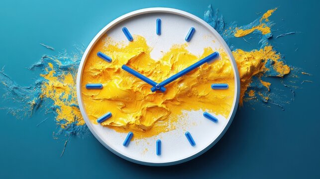 round wall clock with blue hands and markers, center covered in thick yellow paint smeared outward on teal background, bold playful energetic creative burst