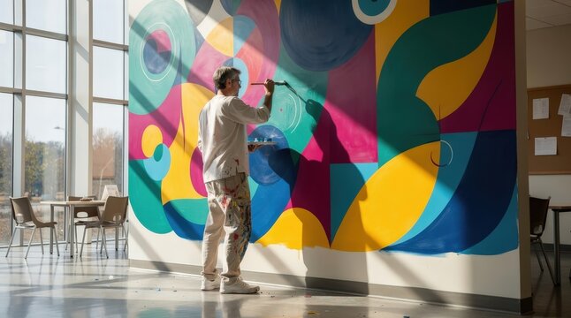 Creative Artist Painting Vibrant Mural on Sunlit Studio Wall, Bright Colors and Abstract Shapes, Natural Light Streaming Through Large Windows, Capturing Artistic Expression and Inspiration