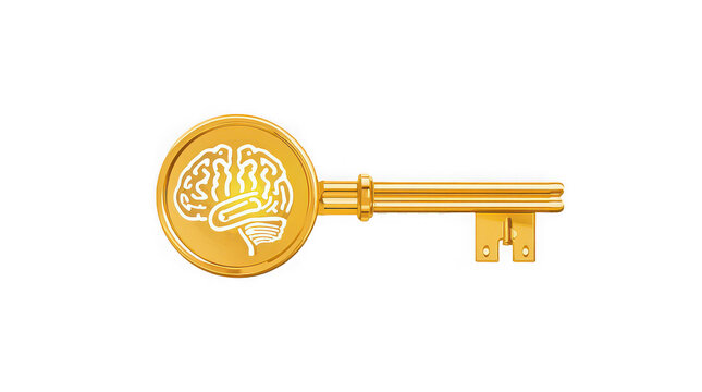 Golden 3D key with glowing AI brain unlocking innovation and smart business solutions