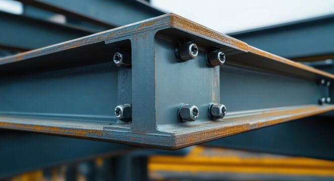 Close-up of bolted steel beam corner with weathered rusted edges and hex bolts on a painted gray-blue girder conveying industrial strength and solid structural stability