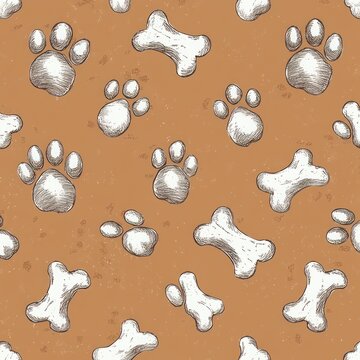 White hand-drawn paw prints and dog bones on a warm brown textured background, playful and whimsical pattern