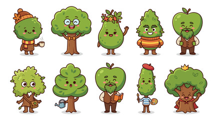 Fototapeta premium Tree and leaf characters with various outfits and gardening accessories.