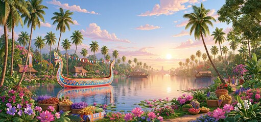 Fototapeta premium Joyful Onam celebration featuring decorated snake boats and traditional harvest offerings along Kerala’s tropical backwaters.