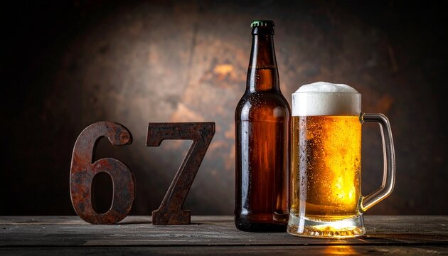 Rustic Beer Bottle and Glass with Number 67 &ndash; Birthday and Anniversary Celebration