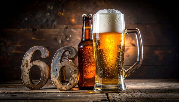 Rustic Beer Bottle and Glass with Number 66 &ndash; Birthday and Anniversary Celebration