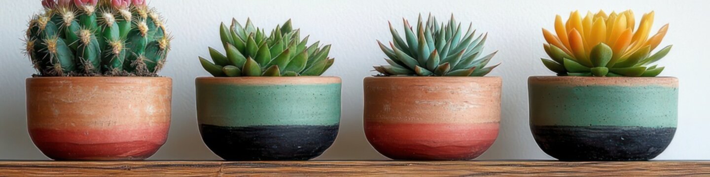Row of five small potted plants &mdash; four succulents and one cactus &mdash; in colorful two-tone ceramic pots on a white shelf, minimal and cheerful display