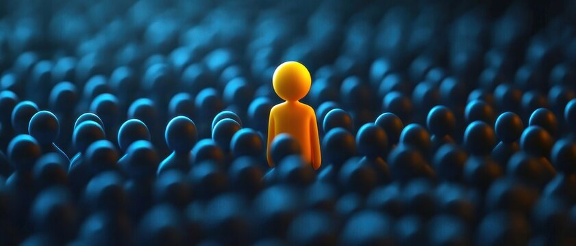 glowing orange figurine illuminated in a crowd of matte blue figurines under soft bokeh lighting, conveying individuality, confidence and solitary leadership