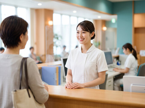 総合病院の窓口で丁寧な接客サービスを提供する医療事務スタッフの女性