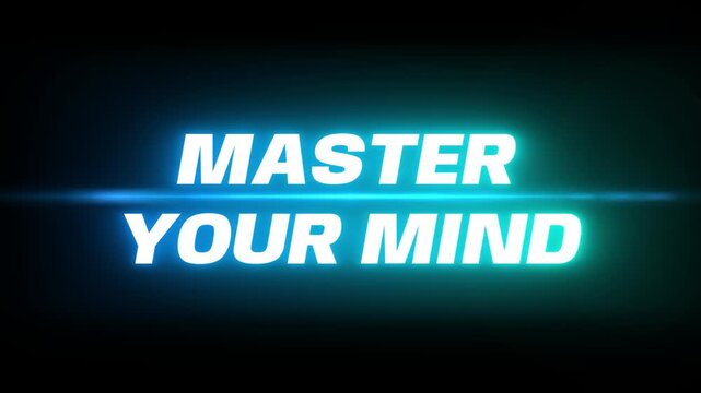 Glowing master your mind text animation featuring cinematic blue lens flare effects on dark background with horizontal light streak mind emerging vibrant deep black background