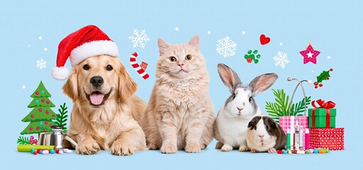 Fototapeta premium In a bright veterinary clinic, a dog, cat, rabbit, and guinea pig enjoy festive holiday decorations with pet care tools nearby.