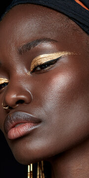 Close-up Portrait of Black Woman with Gold Eyeliner and Nose Ring in Studio