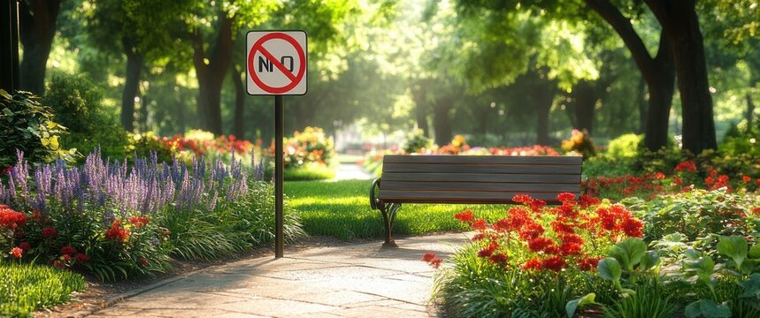empty wooden bench beside sunlit paved path in a lush park with red and purple flower beds, tall trees and a prohibition sign, peaceful and inviting atmosphere