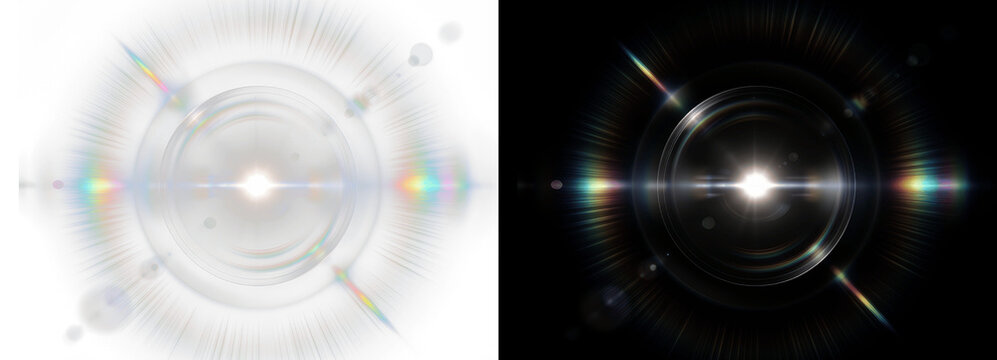 Lens flare light effect with circular rays and rainbow chromatic aberration, isolated bright glowing star overlay with black background for digital photography, cinematic film editing and motion
