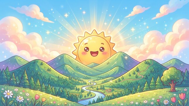Cheerful animated sun rising above beautiful green mountains and a colorful flower-filled valley. Warm golden rays illuminate the landscape beneath a bright sky, creating an uplifting scene.