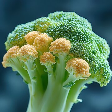 close-up of fresh broccoli head with green crown and yellow-orange florets on thick stalk, vibrant crisp texture and appetizing freshness