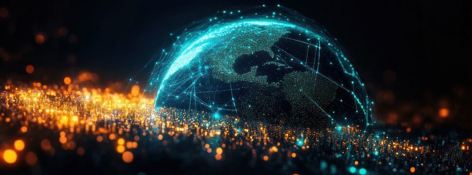 Glowing digital globe with luminous network lines and nodes rising from a field of golden data lights, a futuristic connected world conveying energy and dynamic connectivity