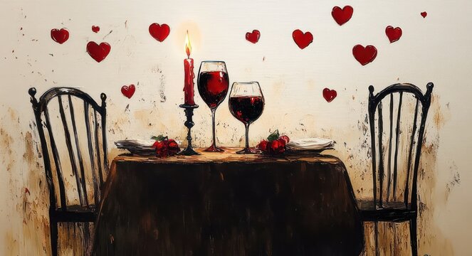 Candlelit romantic dinner for two with two red wine glasses, burning candle on a dark table with roses, two chairs and red hearts on the wall conveying love and intimacy