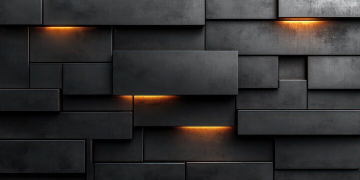 dark layered rectangular metal panels with warm orange backlit seams on a minimalist geometric wall, sleek industrial texture and mysterious modern mood