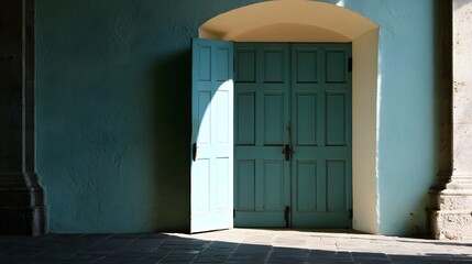 Fototapeta premium A partially open teal door set within an arched entryway against textured walls under natural sunlight