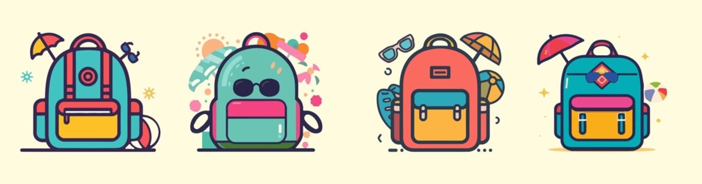 A colorful flat design icon featuring a stylized backpack with vibrant tones and bold lines, set against a clean and simple background