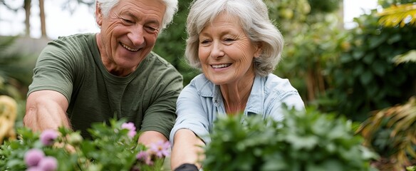 Fototapeta premium A senior couple gardening together in a colorful backyard filled with fresh plants on a sunny day.