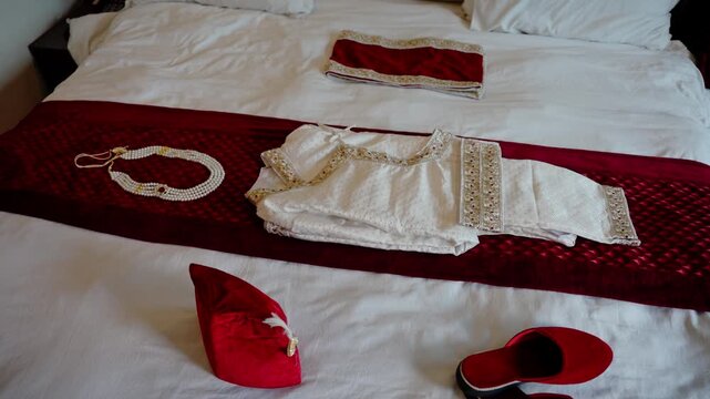 Complete traditional groom wedding outfit flat lay featuring white embroidered kurta red velvet cap pearl necklace and slippers arranged on bed