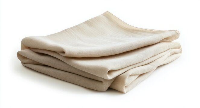 three folded beige linen cloths stacked on white background conveying soft texture and a cozy calm minimalist feel