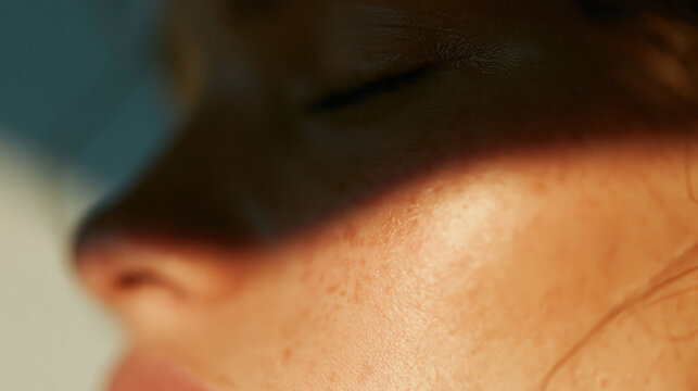 macro closed eye serene woman warm sunlight skin texture wellness beauty sleep relaxation meditation portrait for advertising web design skincare campaign branding visual
