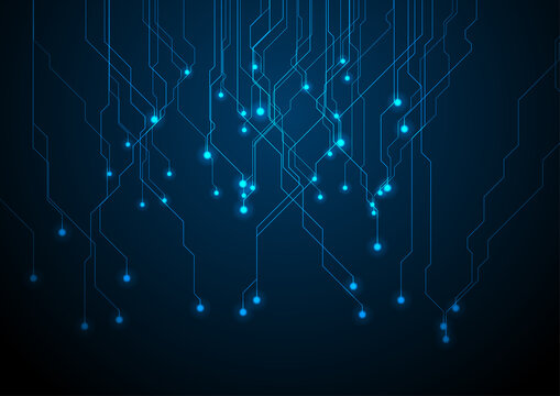 Abstract neon blue tech circuit board lines background