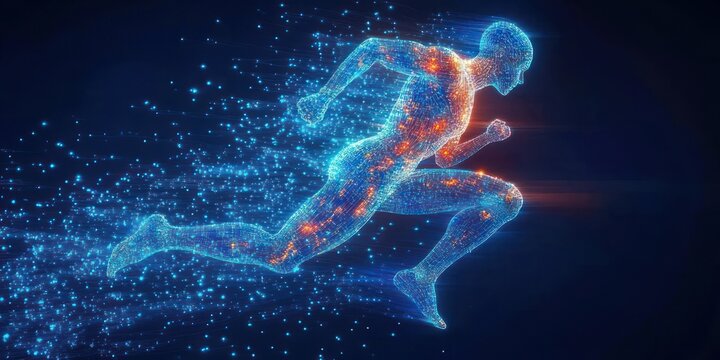 glowing digital human runner made of blue particles and orange nodes sprinting with trailing light and intense energy against a dark background