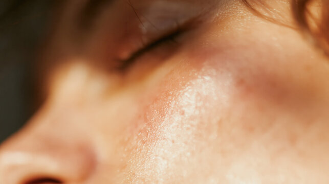 macro closed eye serene woman warm sunlight skin texture wellness beauty sleep relaxation meditation portrait for advertising web design skincare campaign branding visual
