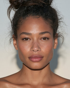 Portrait of a Young Woman with Freckles and Bun Hairstyle