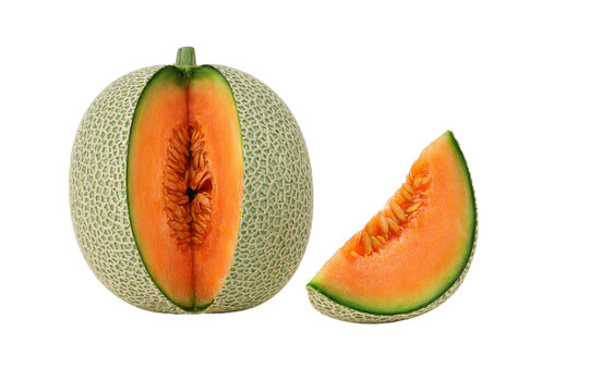 Cantaloupe melon isolated on white transparent background, cut melon with open slice, fresh ripe sweet fruit, PNG