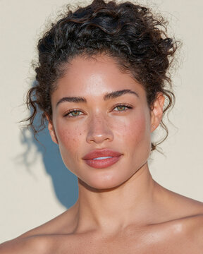 Portrait of a Woman with Curly Hair and Freckles