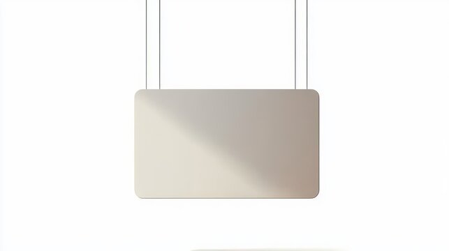 minimal beige rectangular sign with rounded corners suspended by two thin cords against a white background with soft diagonal shadow, calm minimalist mood