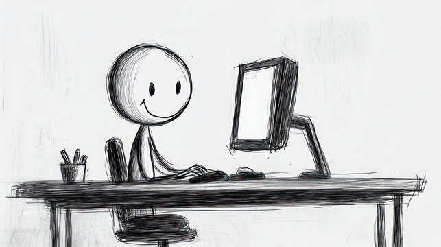 pencil sketch of a smiling round-headed stick figure seated at a desk, typing at a computer monitor with a cup of pens nearby, calm focused and content