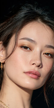 Portrait of Young Woman with Freckles and Natural Makeup