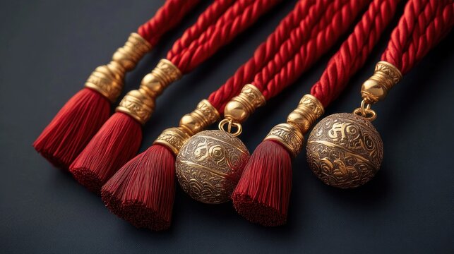 luxurious red braided curtain tassels with ornate gold embossed spherical finials, elegant decorative drapery tiebacks conveying opulence and refined craftsmanship
