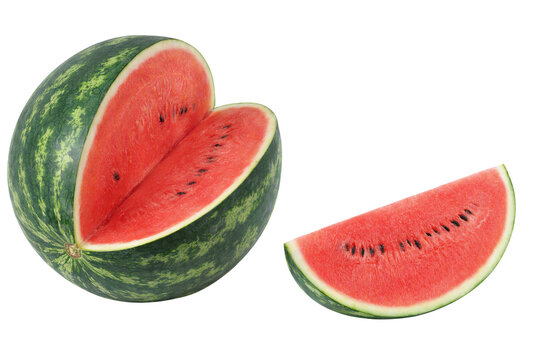 Ripe watermelon isolated on white transparent background, open cut watermelon with sweet red slice, juicy summer fruit, PNG