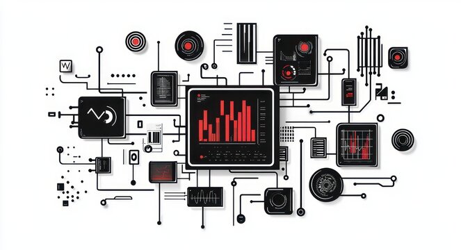 interconnected digital network of screens and circuit lines with a central tablet displaying red bar charts, surrounding sensors and waveform monitors, analytical futuristic organized mood