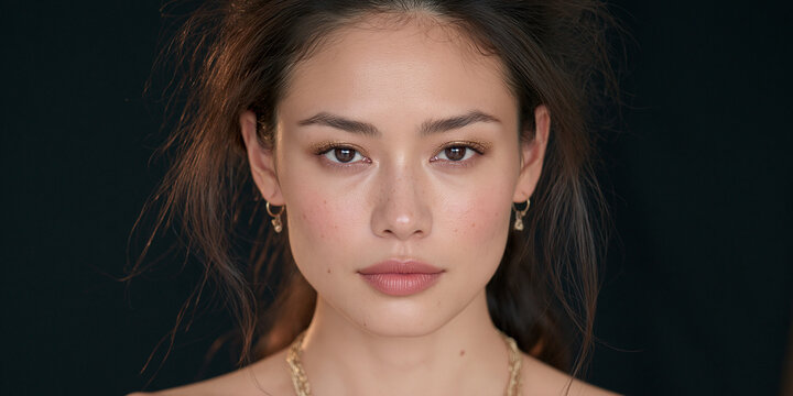Portrait of a Young Woman with Wavy Brown Hair and Gold Jewelry