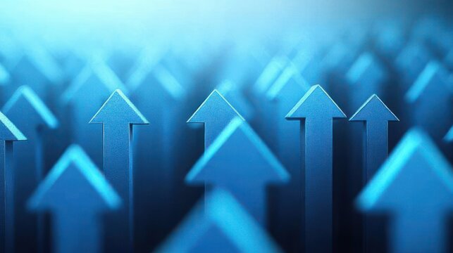 rows of glossy blue 3d arrows pointing upward in abstract depth conveying growth, progress and optimistic forward momentum