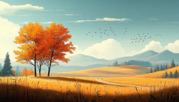 Two orange autumn trees beside a winding path through golden fields, rolling hills and distant mountains under a blue sky with clouds and a flock of birds, peaceful and serene