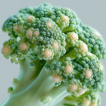 Close-up of a vibrant fresh broccoli floret with pale yellow centers, detailed textured green clusters and a crisp stem conveying freshness and natural vitality