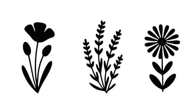 Minimalist floral silhouettes set featuring poppy, lavender, and daisy wildflowers isolated on white background