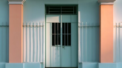 Fototapeta premium A pastel colored door framed by columns and metal bars under bright sunlight casting sharp shadows on textured walls